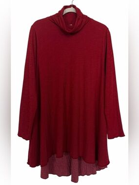 North Star Base Double Cotton Slub Knit High Low Hem Tunic Top Deep Red Large